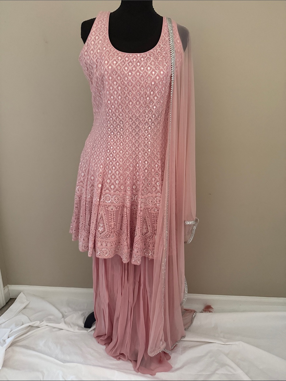 Elegant Pink Embellished Women's Sharara Dress with Draped Dupatta